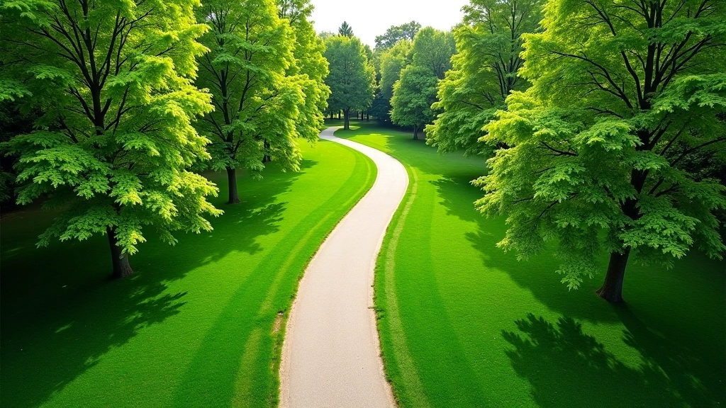 Vue aérienne d'un sentier sinueux dans un parc verdoyant avec des arbres matures