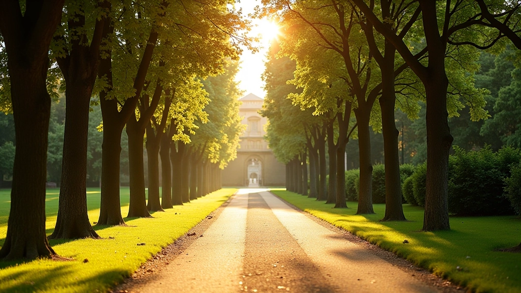 Allée de parc pittoresque avec arbres majestueux et chemin sinueux invitant à la marche contemplative
