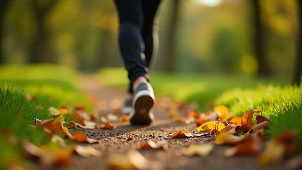 Gros plan sur les pieds d'une personne marchant sur un sentier de parc avec de l'herbe et des feuilles mortes