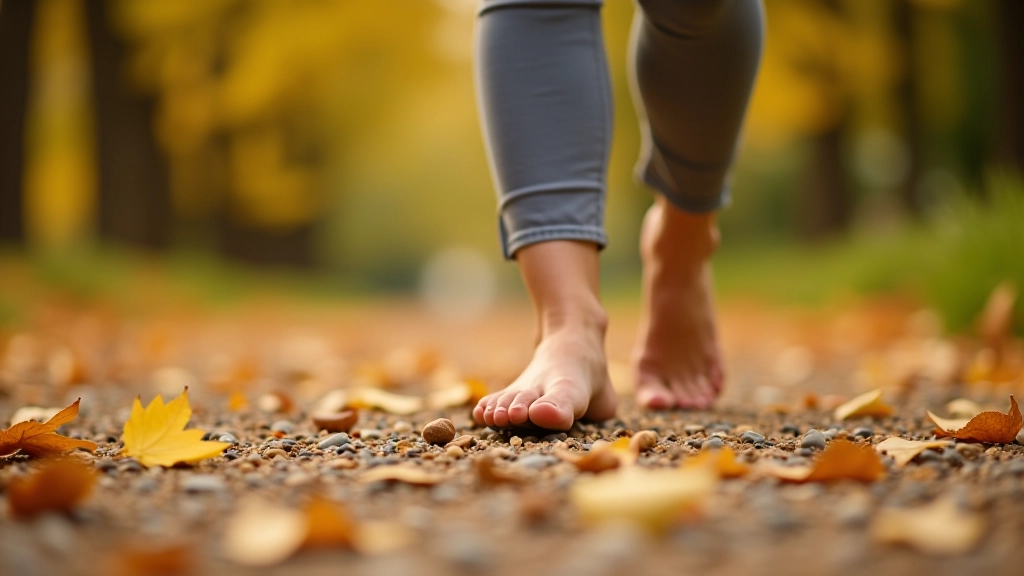 Gros plan des pieds d'une personne marchant sur un sentier de gravier avec feuilles mortes
