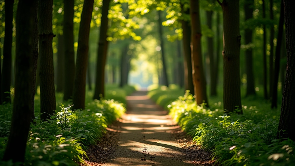Sentier forestier sinueux du Parc de Figuerolles avec arbres feuillus et lumière naturelle filtrée