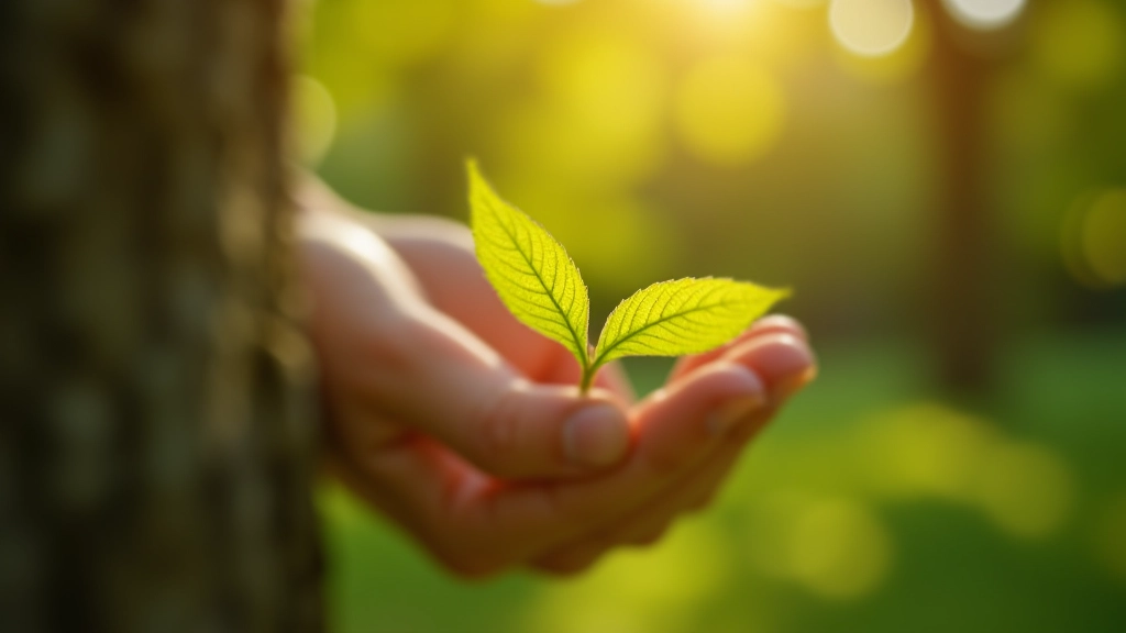 Mains d'une personne touchant légèrement une feuille d'arbre lors d'une marche contemplative