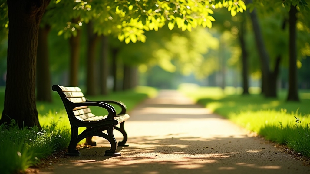 Banc de parc face à un sentier ombragé avec des rayons de soleil filtrant à travers les feuilles