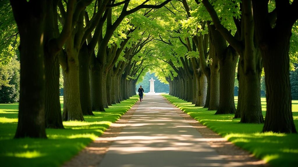 Allée ombragée du Parc de la Colombière avec arbres anciens formant une voûte naturelle