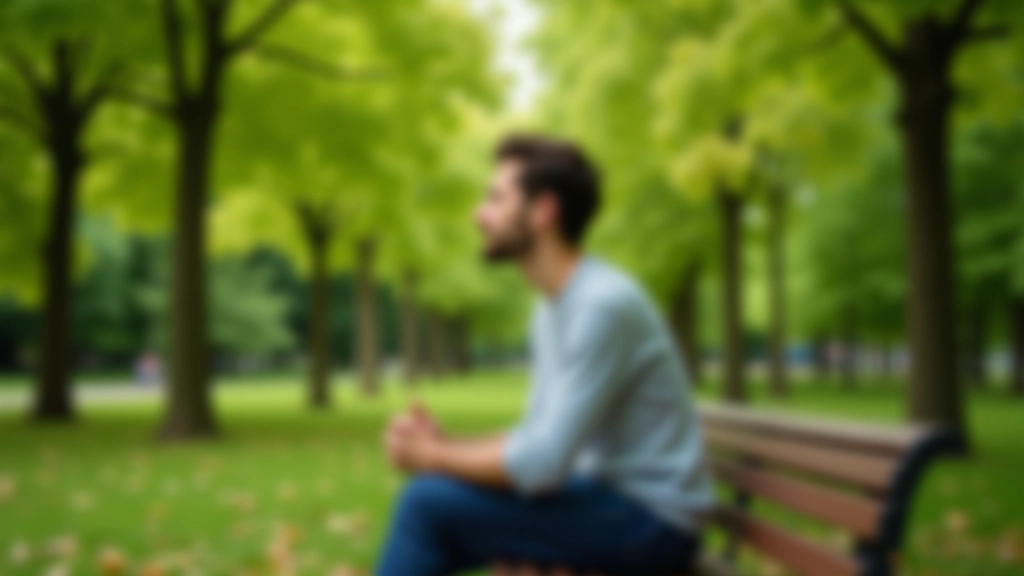 Personne assise sur un banc de parc avec une expression contemplative, entourée de verdure et de calme