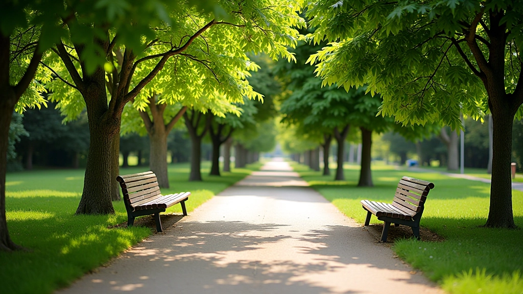 Sentier de parc bien entretenu avec bancs en bois, arbres feuillus créant de l'ombre, chemin pavé clair, après-midi ensoleillé