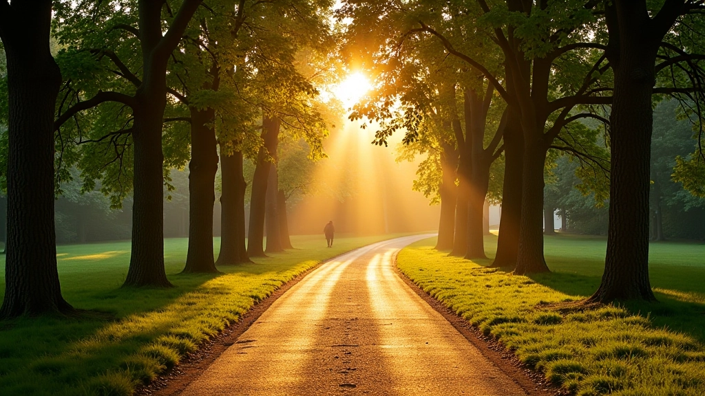 Sentier sinueux à travers des arbres avec lumière dorée du coucher de soleil filtrant entre les feuilles