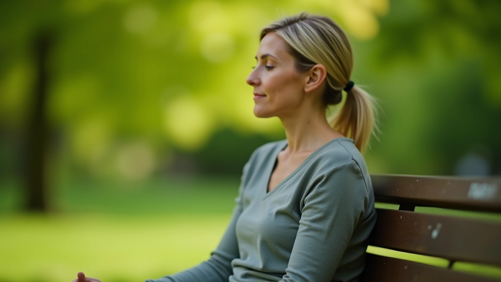 Femme assise en méditation sur un banc de parc, expression paisible, vêtements casual, environnement naturel vert flou