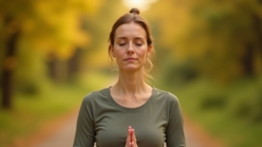 Portrait d'une instructrice de méditation en marchant, vêtue confortablement, expression sereine dans un parc